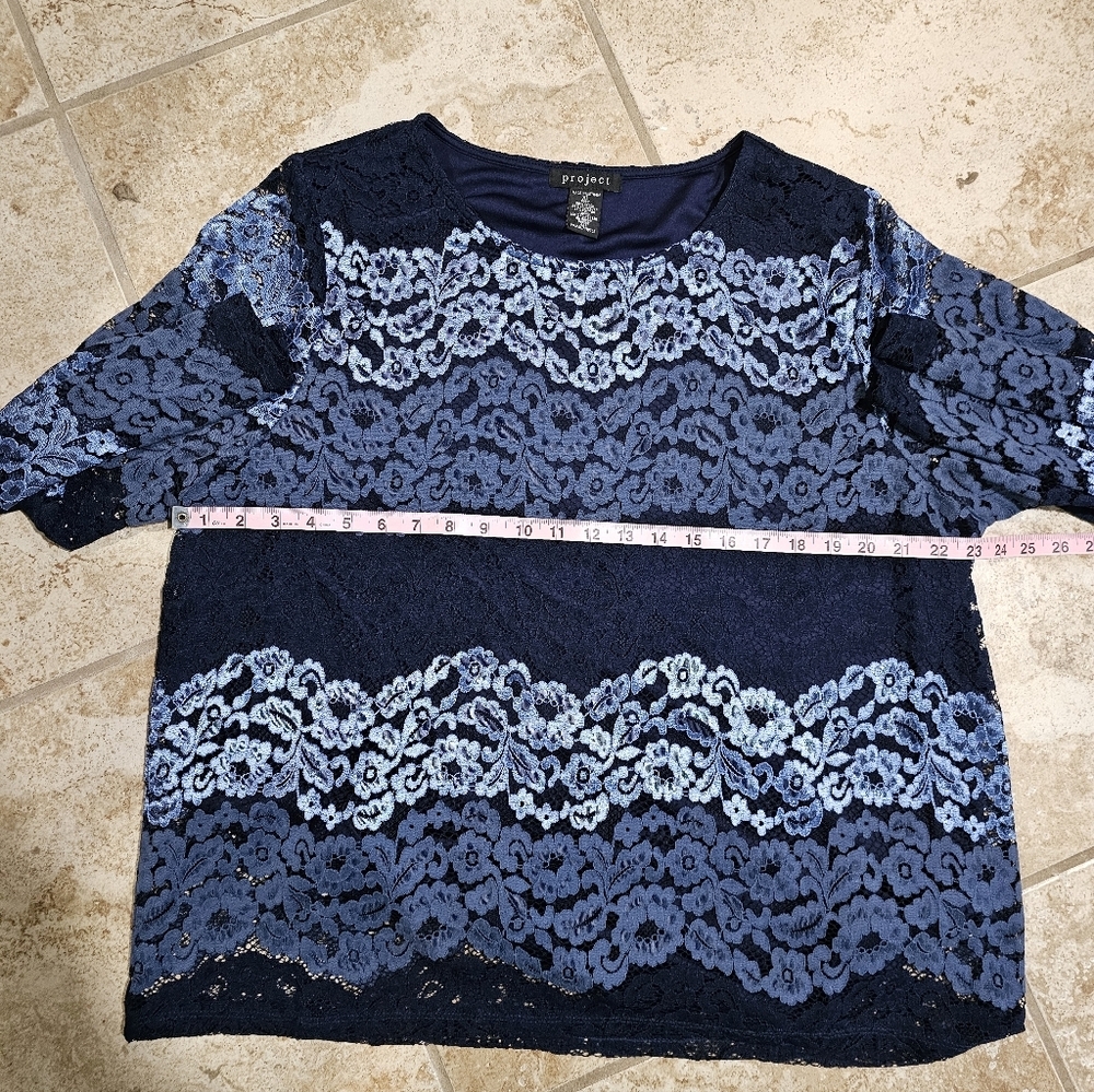 Project Women XL Blouse Navy Blue Floral Lace Long Sleeve Top Statement Coquette - Picture 6 of 6